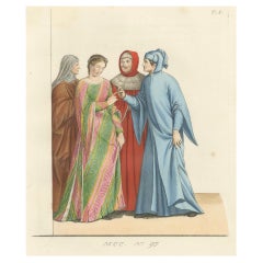 Mittelalterliche italienische Hofhaltung um 1300 - Adlige in historischer Kleidung, Druck 1845