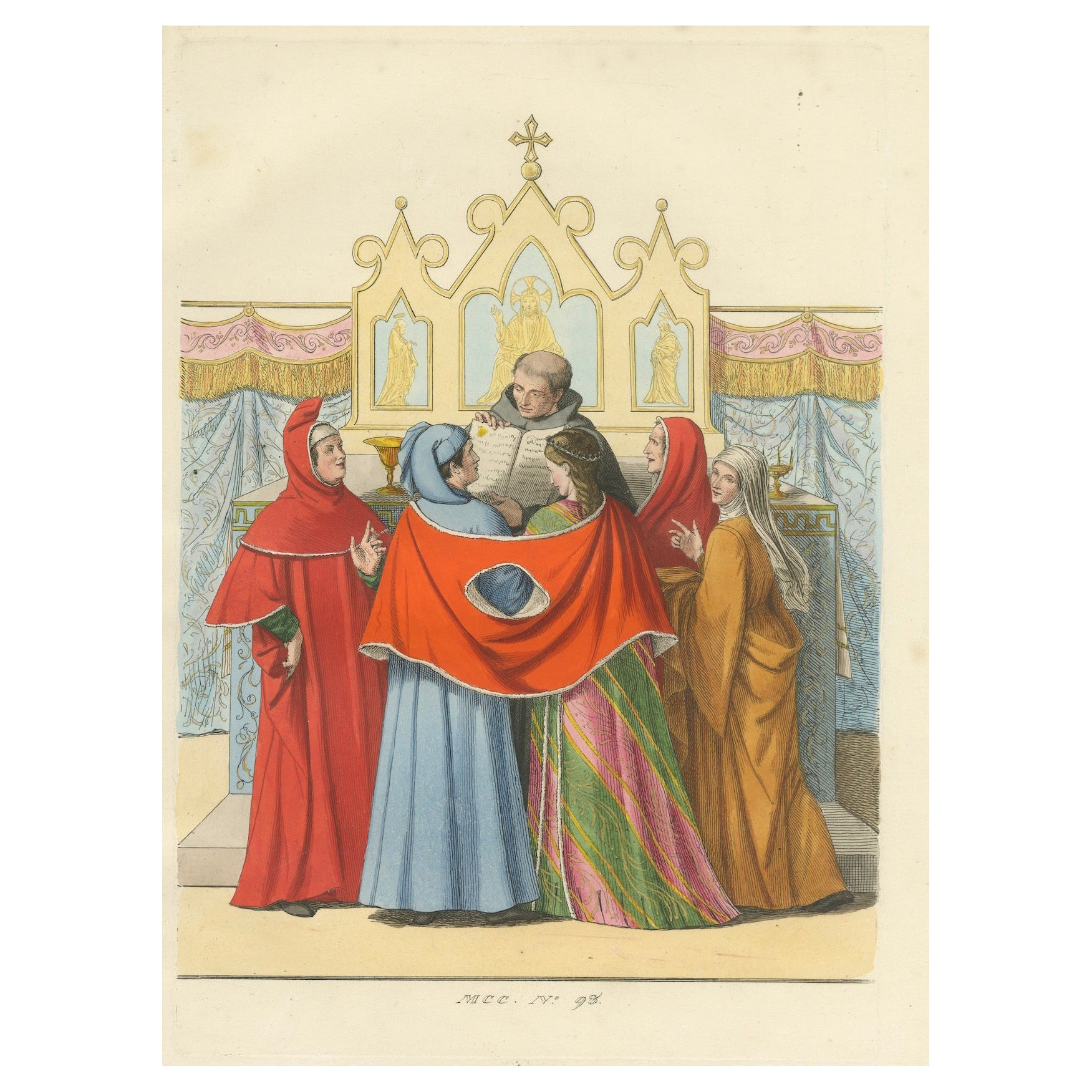 Italienische Hochzeit im 14. Jahrhundert - Klerus und Adel in antikem Druck, 1845