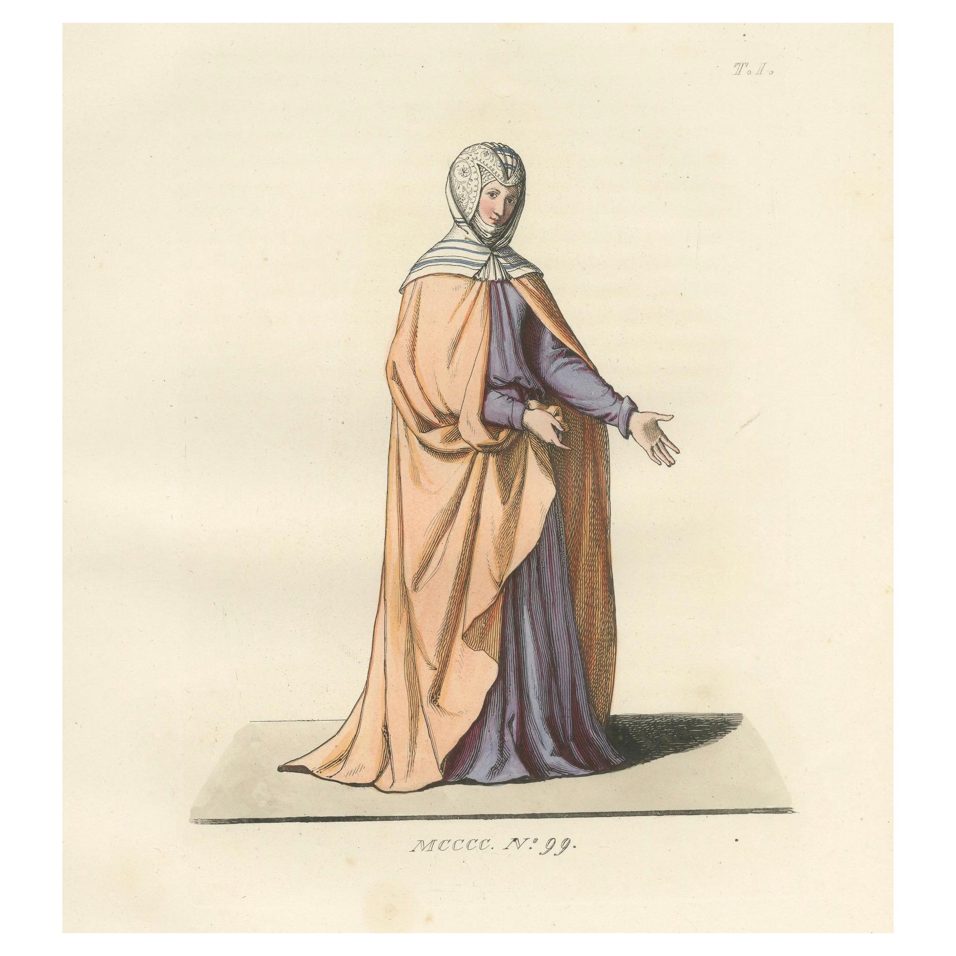 Medieval Costume Print 1845 – Noblewoman in Peach and Lavender Robes