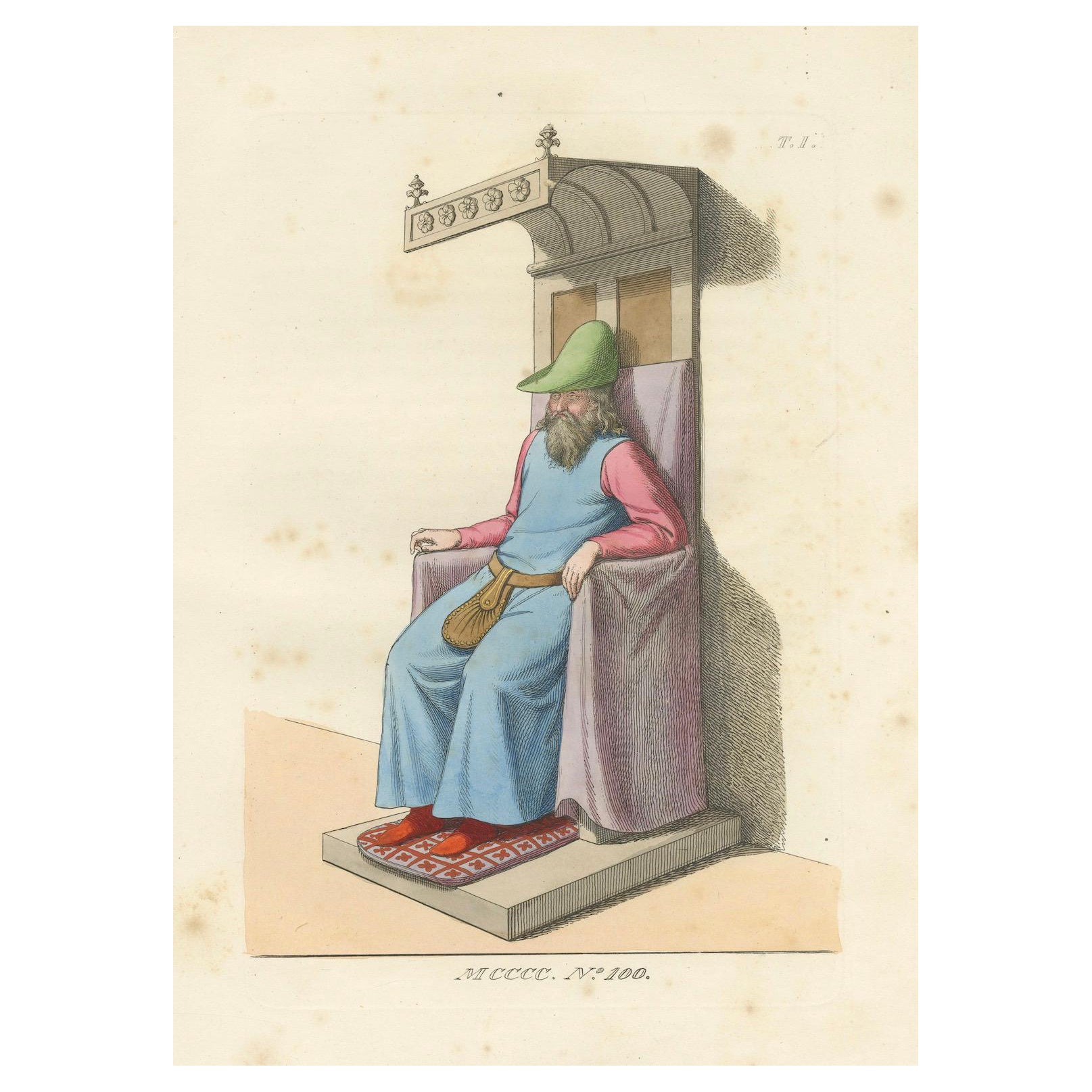 Ancien médiéval sur le trône c.1400s - Gravure ancienne d'étude de costume, 1845