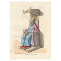 Ancien médiéval sur le trône c.1400s - Gravure ancienne d'étude de costume, 1845