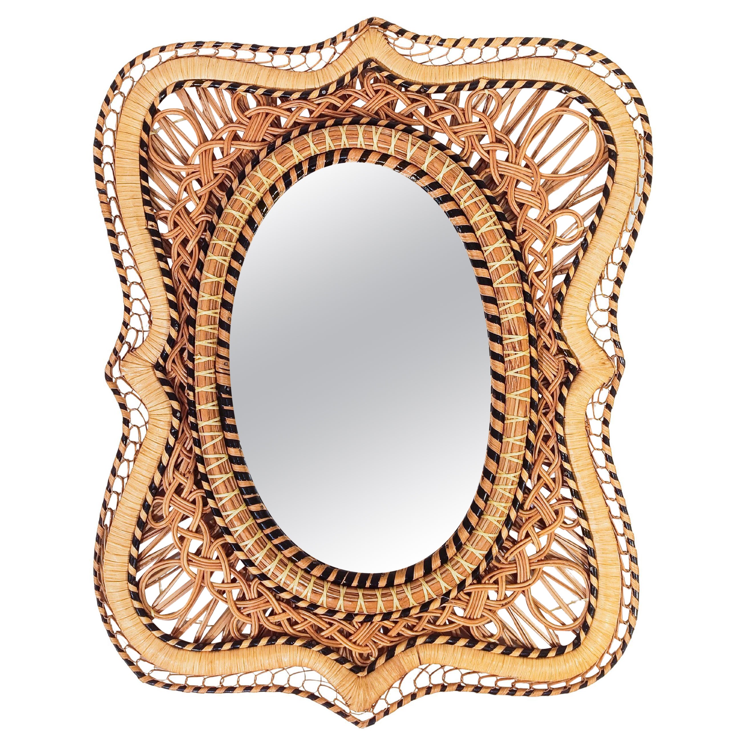 Côte d'Azur. Miroir de style paon en canne et rotin, Espagne, 1970 en vente