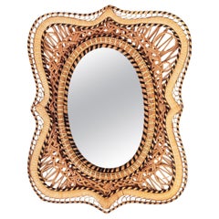 Côte d'Azur. Miroir de style paon en canne et rotin, Espagne, 1970