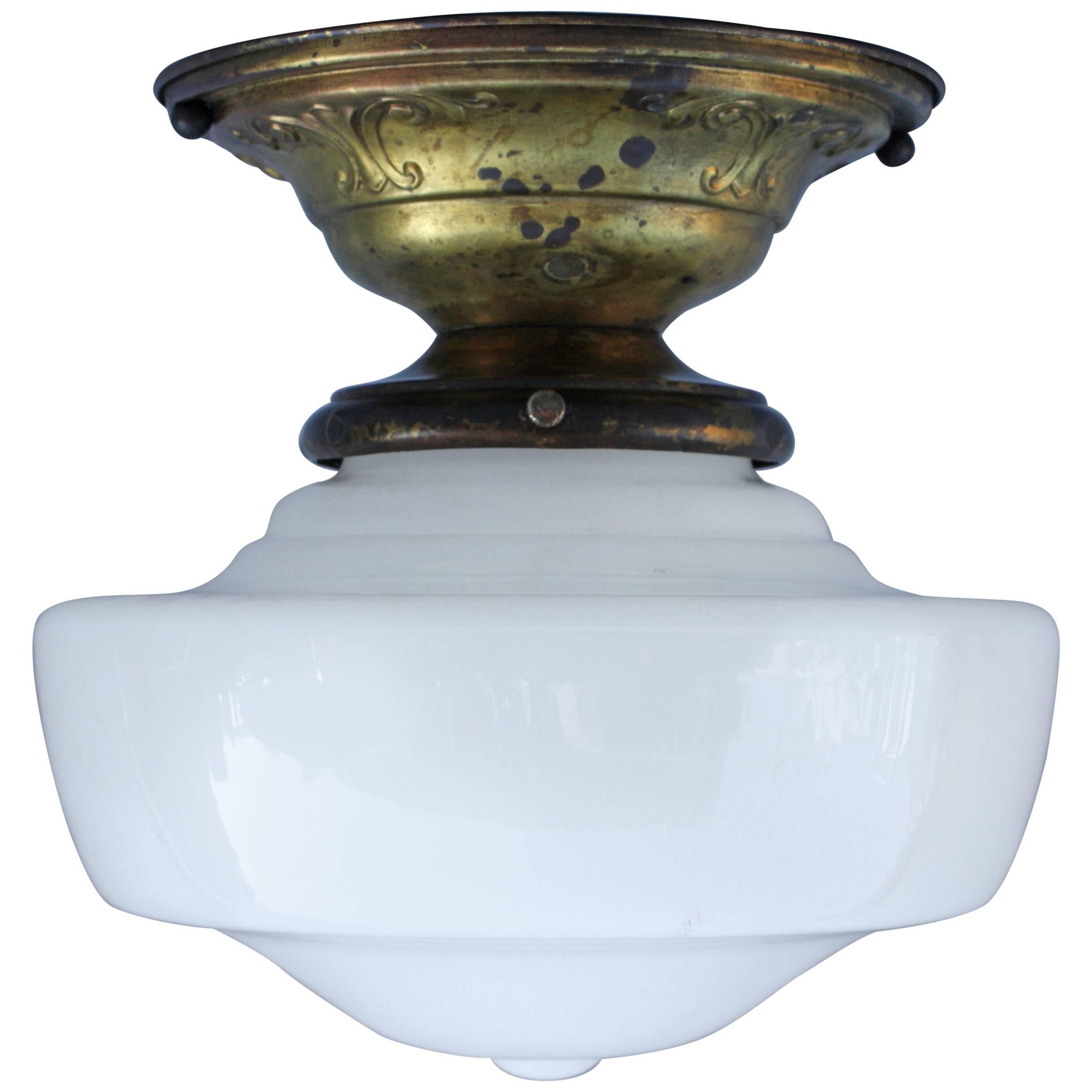 1920s Milk Glass School House Flush Mount Ceiling Fixture