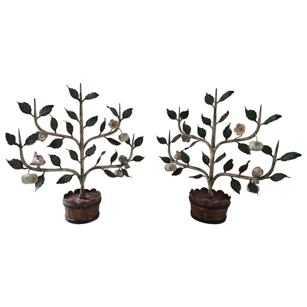 Vintage Pair of Italian Tole Espalier Fruit Trees adorned with Apples & Birds