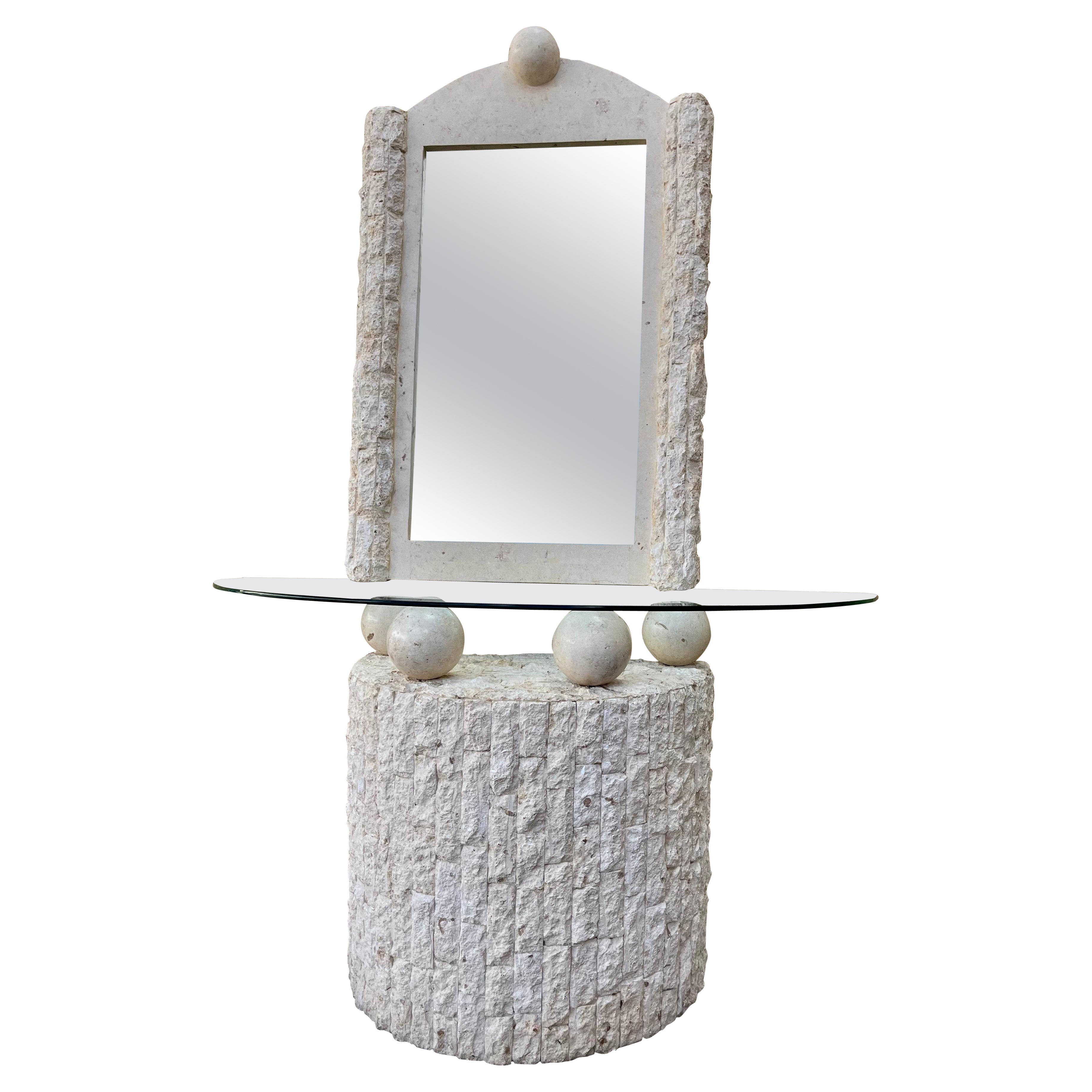 Postmodern Natural Mactan Stone Entry Console Table With Wall Mirror. C 1990s