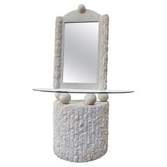 Postmodern Natural Mactan Stone Entry Console Table With Wall Mirror. C 1990s