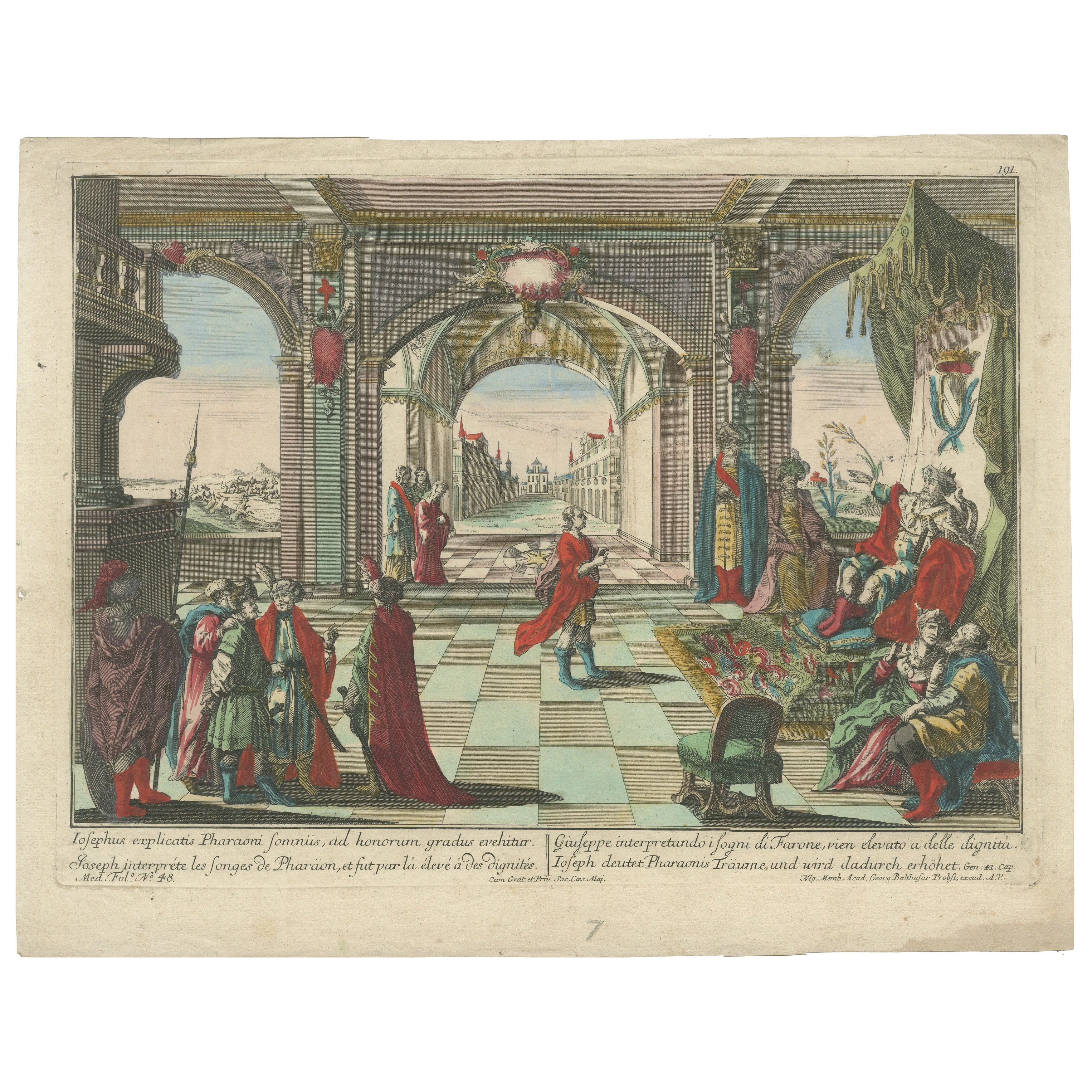 Joseph and Pharaoh – Antique Vue d’Optique by Probst, c.1770 For Sale
