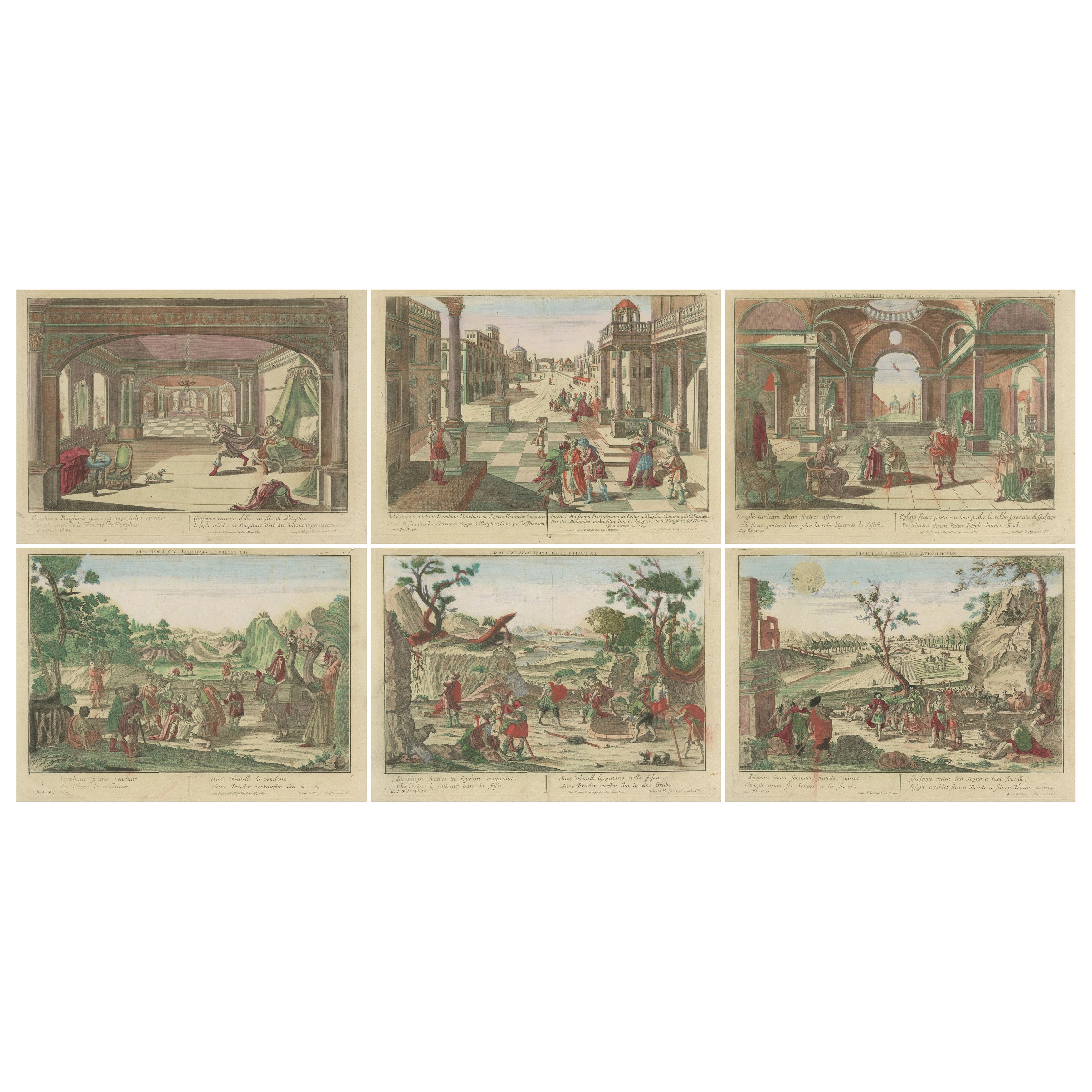 Set of 6 Vue d’Optique Prints – Story of Joseph in Egypt, Hand-Colored, c.1770