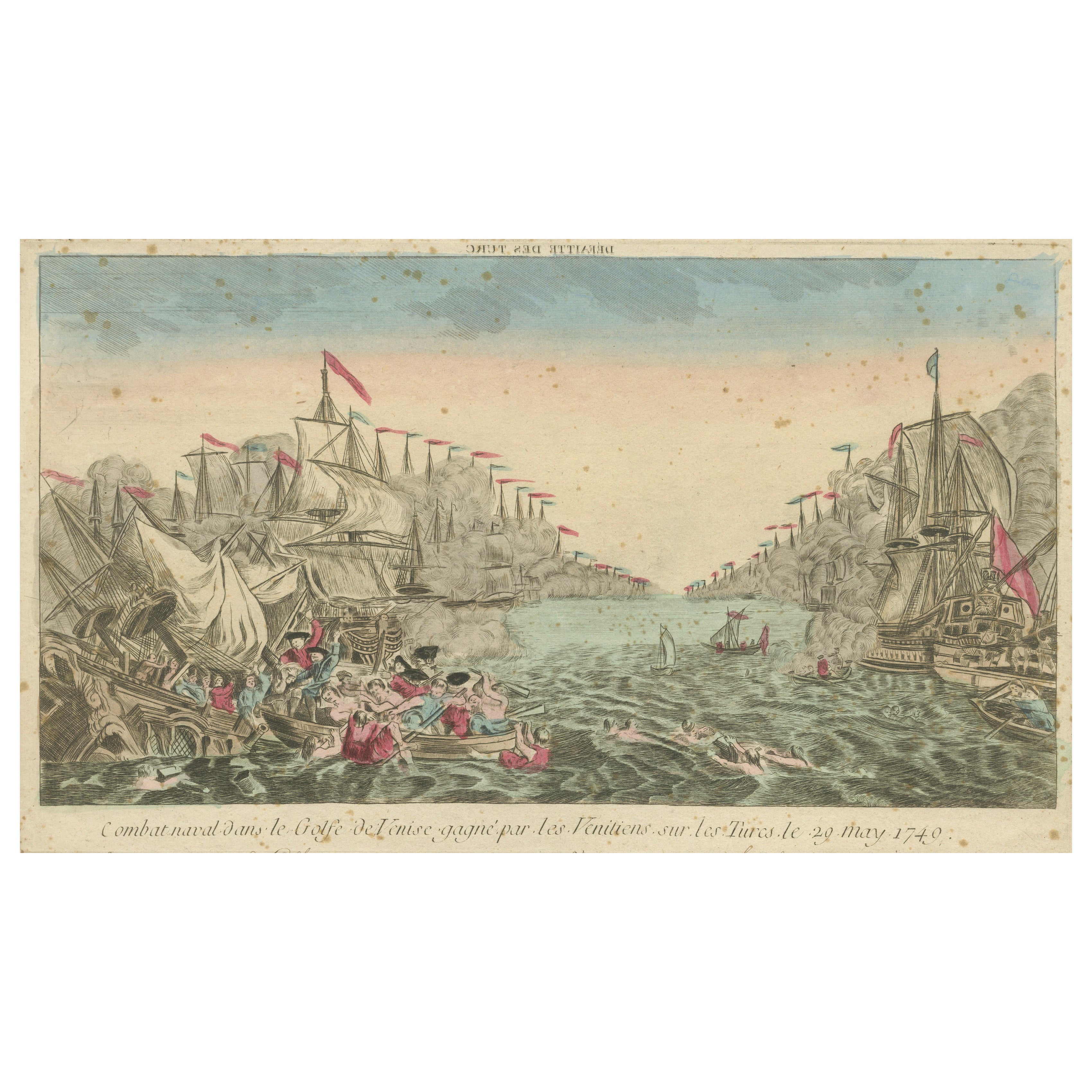 Venetian Naval Battle Print – Rare Optical Vue of Venice versus Turks, c.1770 For Sale