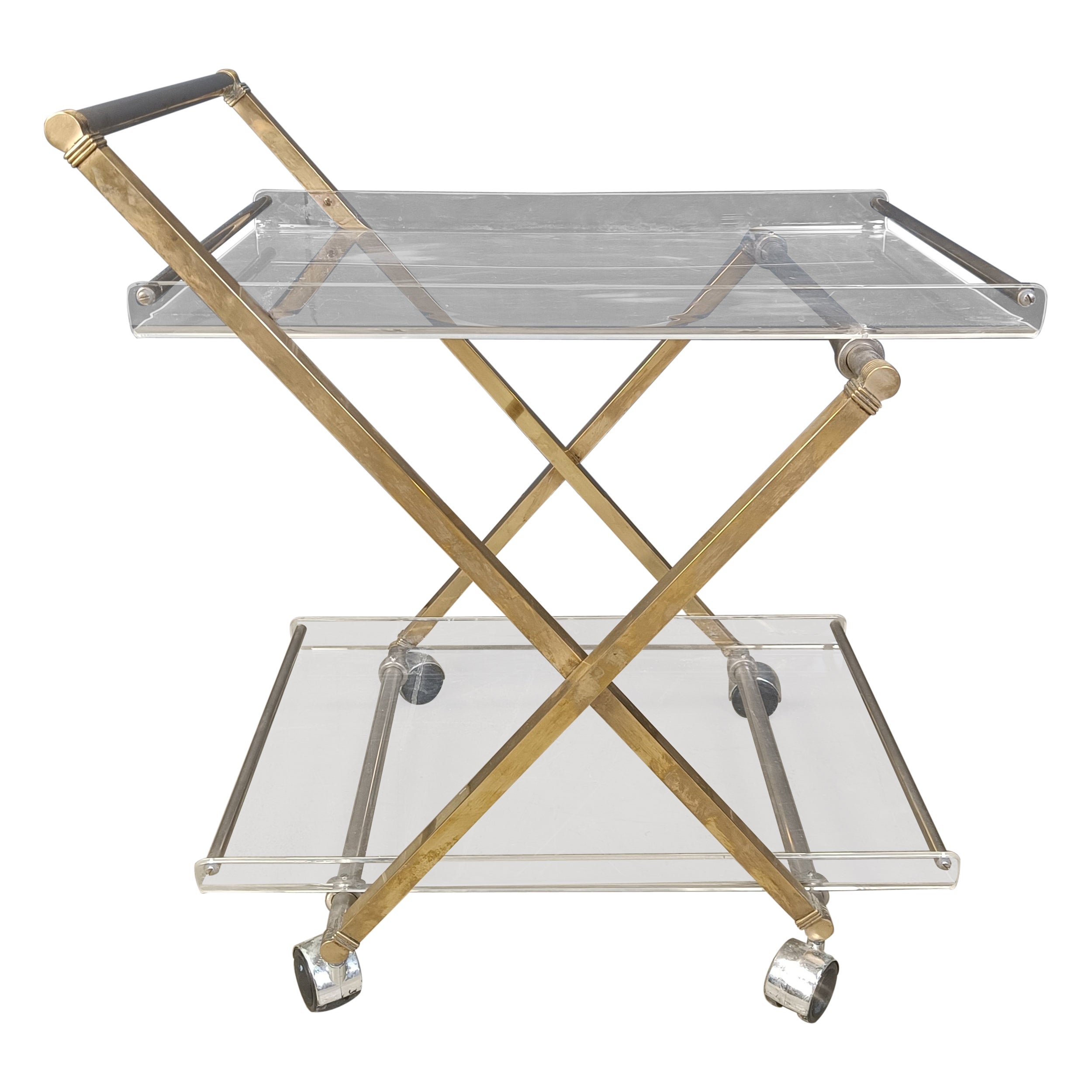 Vintage brass and lucite trolley, 1970s For Sale
