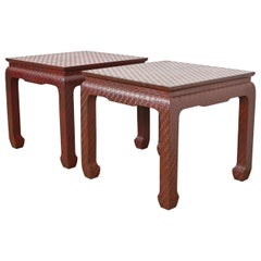 Tavolini in tessuto d'erba laccato Baker Furniture Mid-Century Hollywood Regency