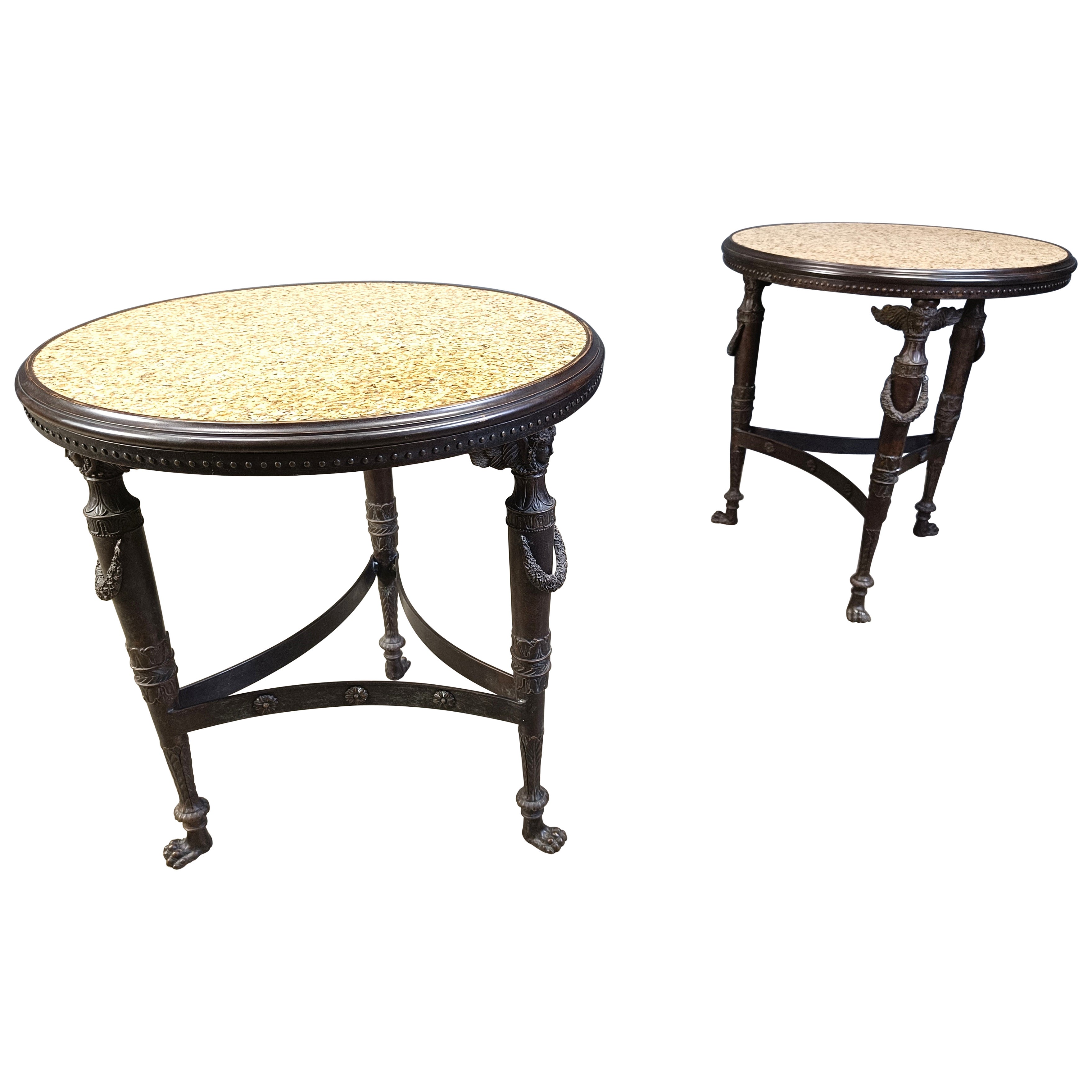 French Empire style marble and bronze side tables, 1950s For Sale