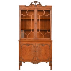 Romweber French Provincial Louis XV Burl Wood Breakfront Bookcase Cabinet