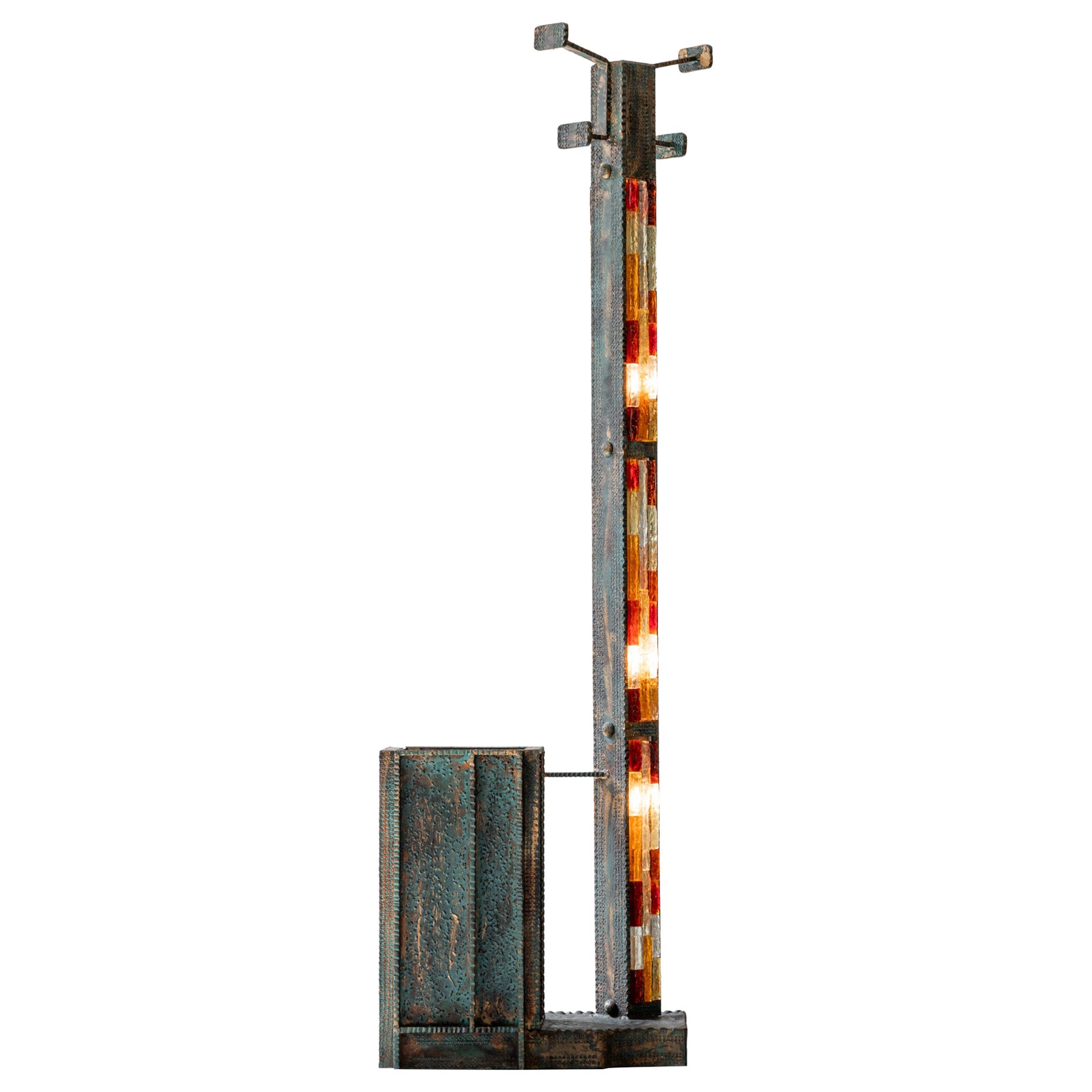 Brutalist Coat Rack in Wrought Iron and Murano Glass by Poliarte, 1970's For Sale