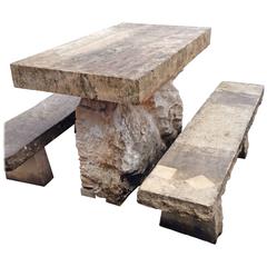 Limestone Table with Two Benches