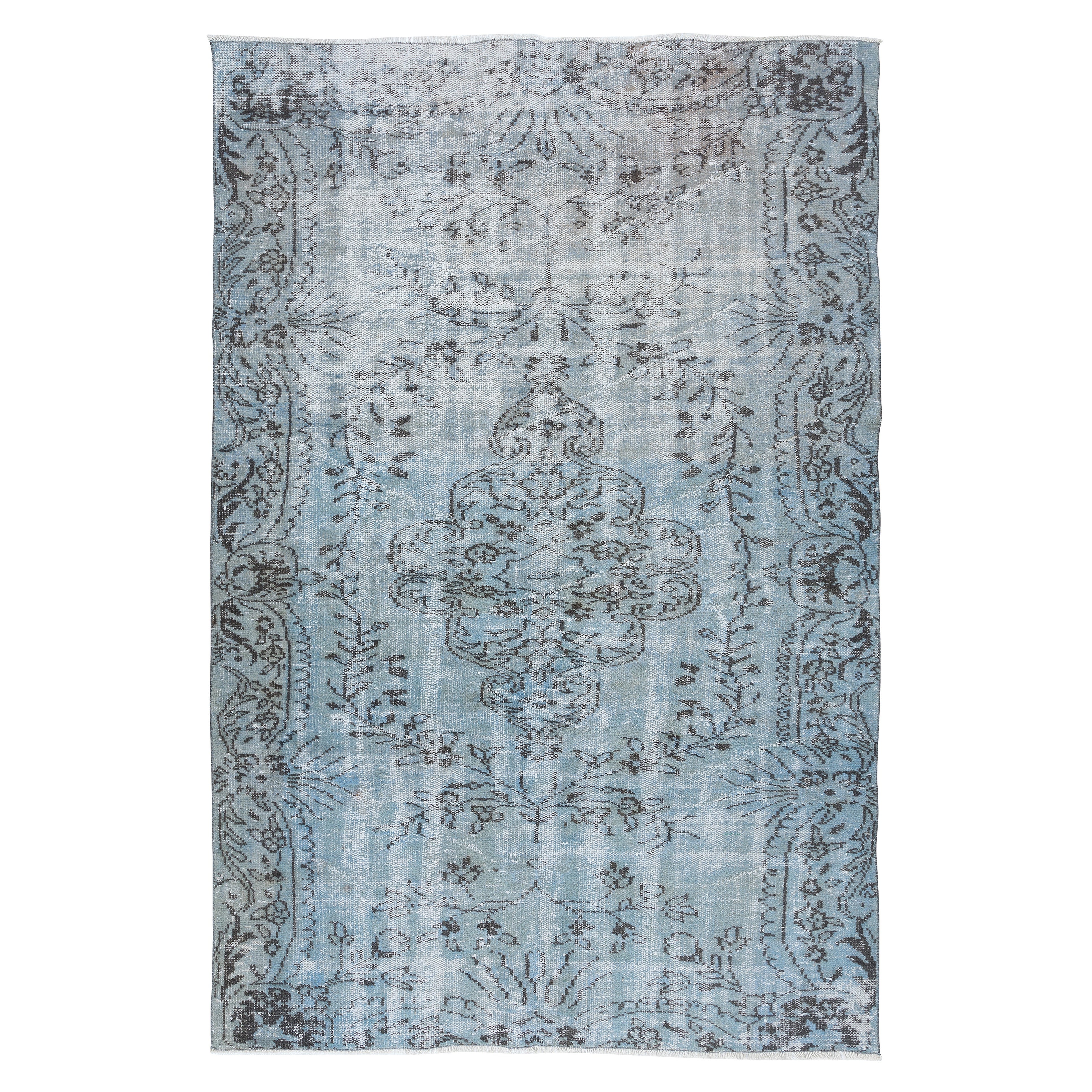 5.7x8.4 Ft Vintage Handmade Türkische Wolle Bereich Teppich Over-Dyed in Hellblau Farbe
