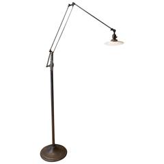 Rare Industrial Spring Arm Floor Task Lamp with Milk Glass Diffuser by Dazor