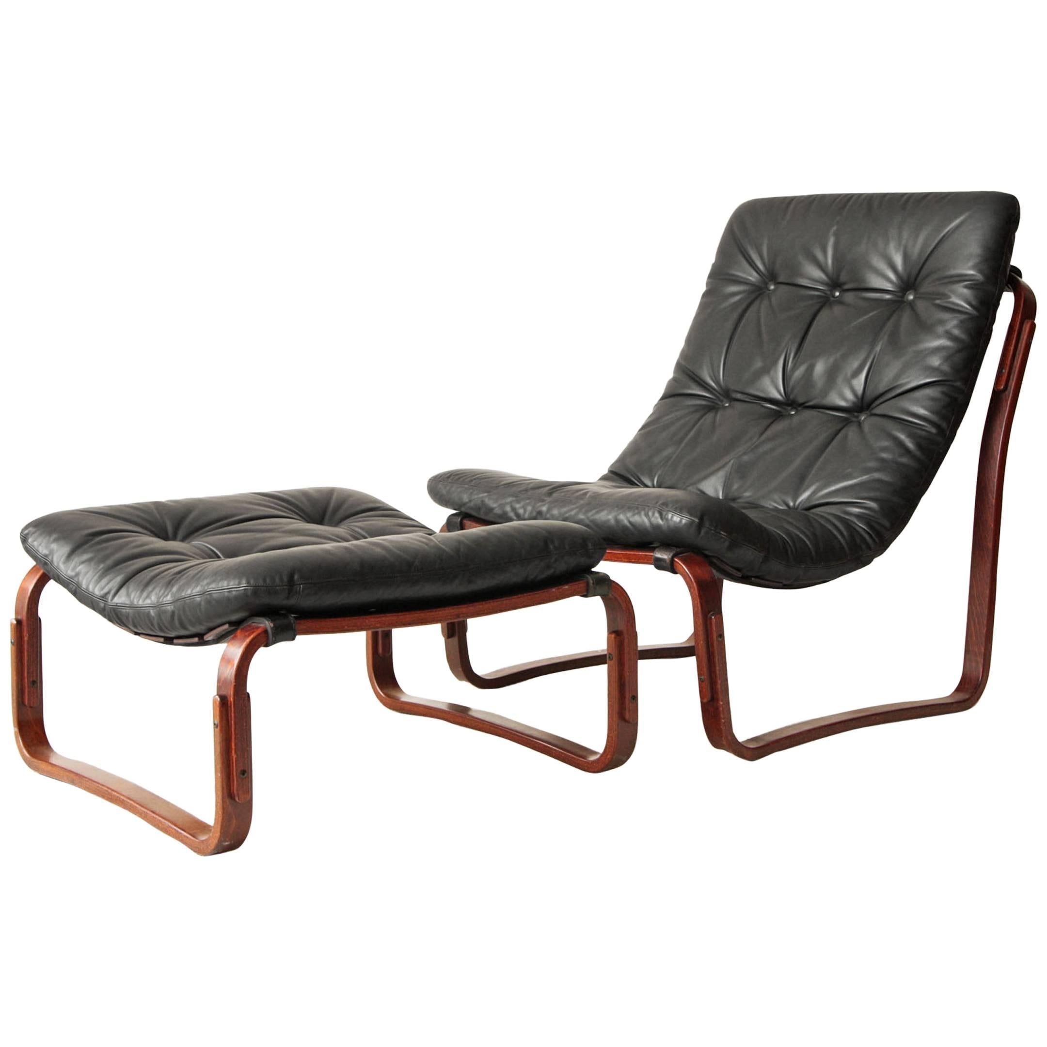 Ingmar Relling for Westnofa Black Leather Chair and Ottoman, Norway