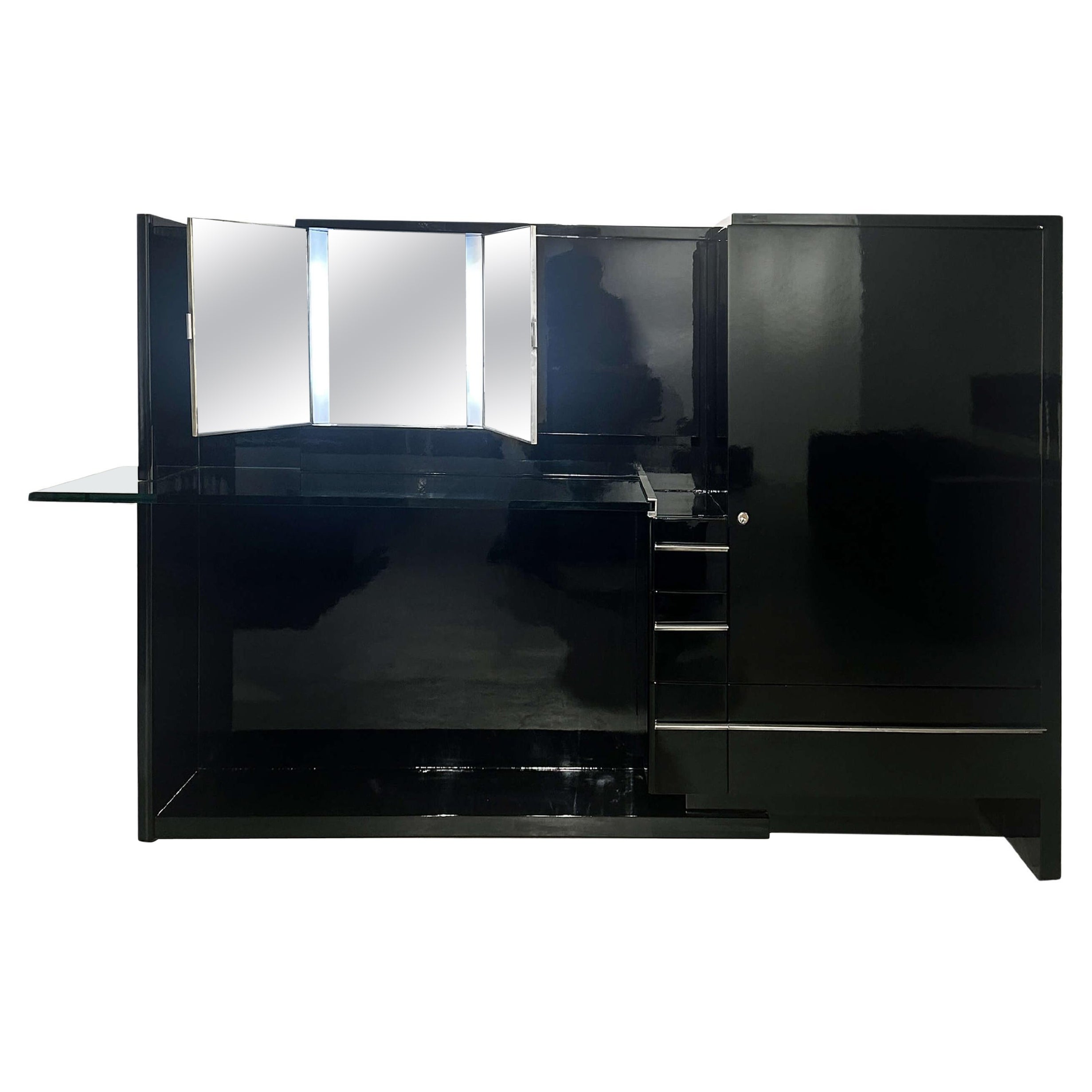 Louis Sognot Vanity in Black Lacquer With Triptych Mirror and Glass Top For Sale