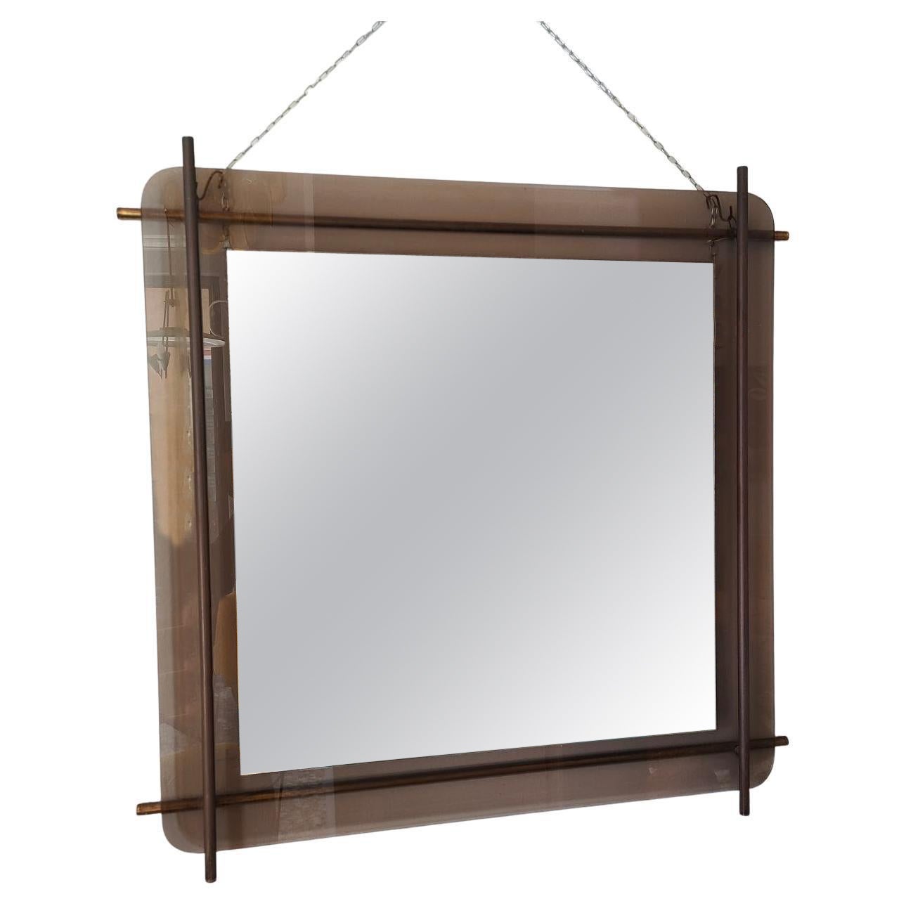 Italian brass and glass mirror by Renato Zevi for Metalarte, 1970s For Sale