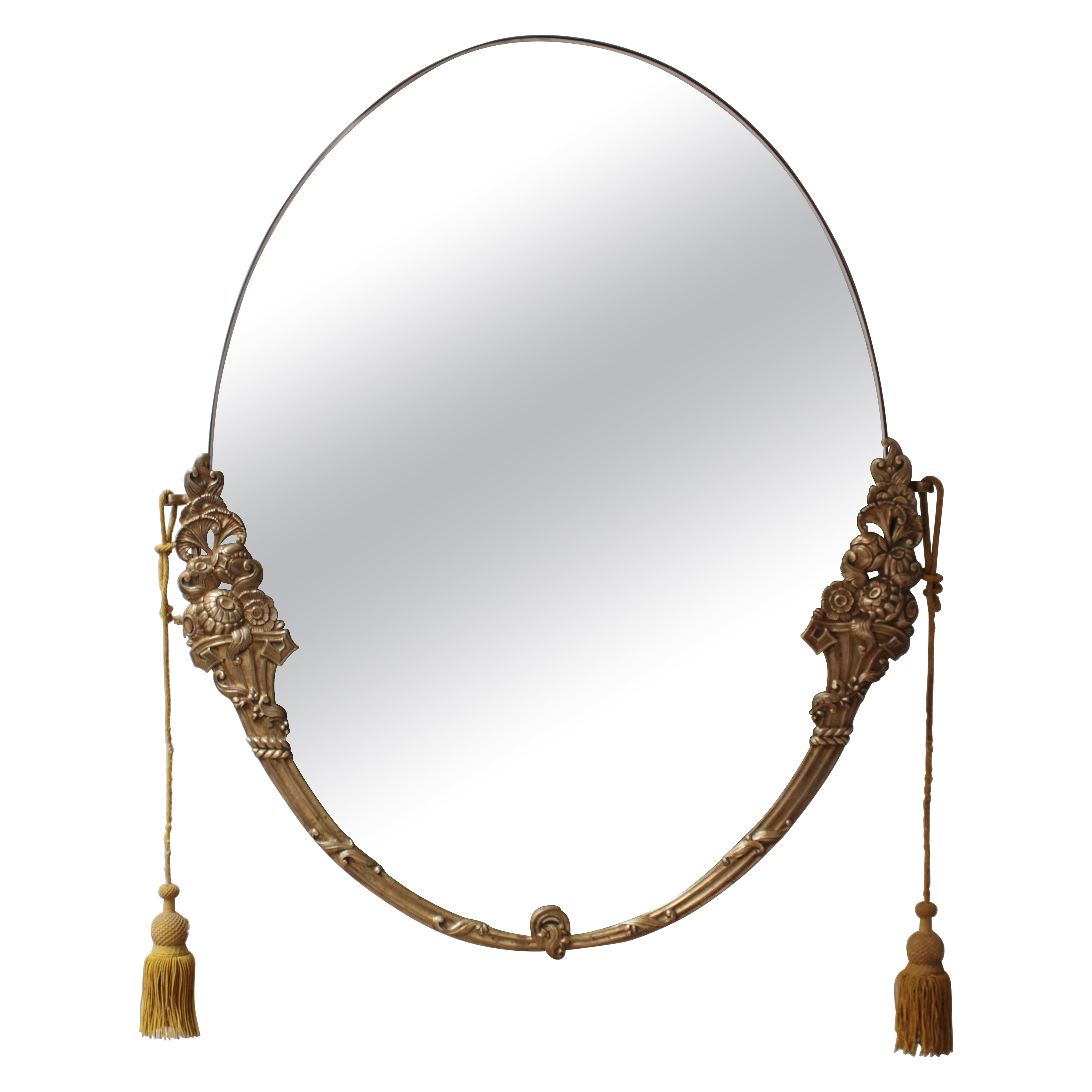 Fine French Art Deco Oval Mirror with a Solid Brass Frame For Sale