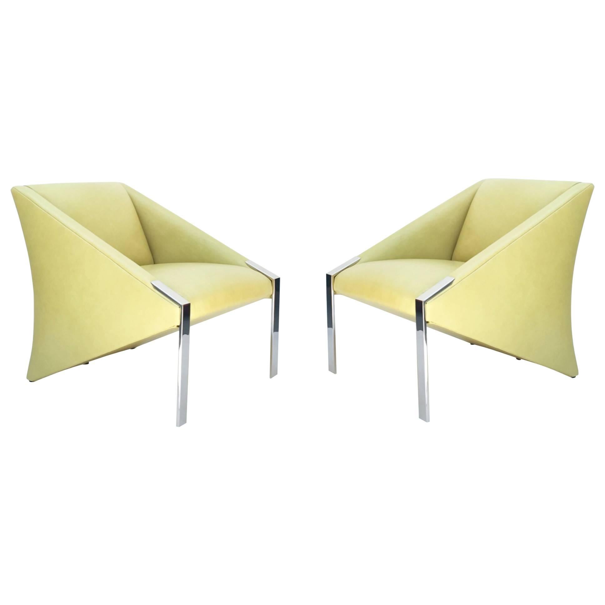 Pair of Leather and Nickel Lounge Chairs in the Style of Milo Baughman