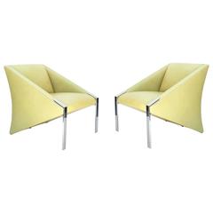 Retro Pair of Leather and Nickel Lounge Chairs in the Style of Milo Baughman