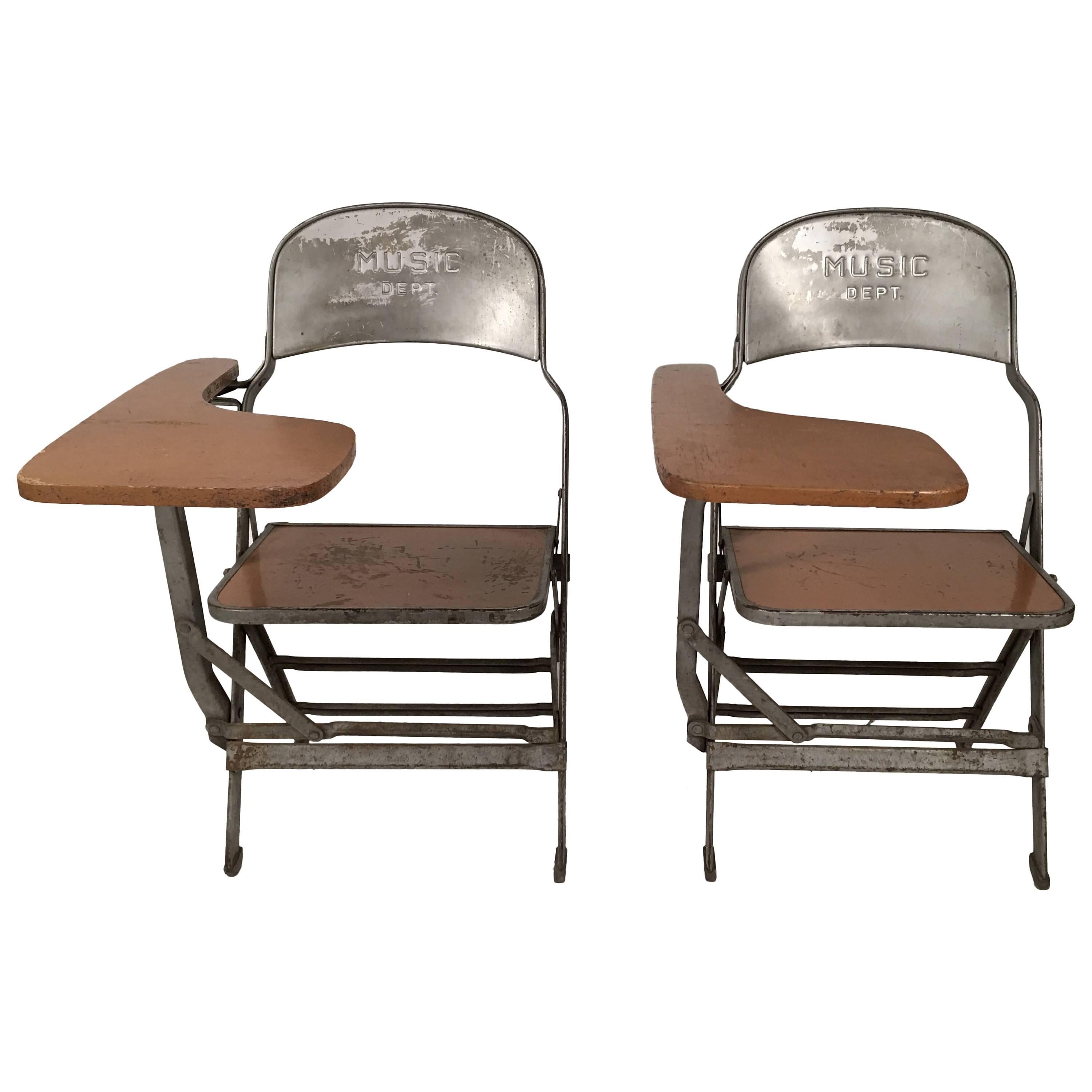 Pair of Music Department Folding Chairs with Desk Arms
