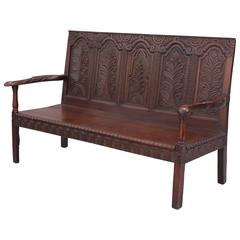 Finely Carved Oak Bench Settle with Arms