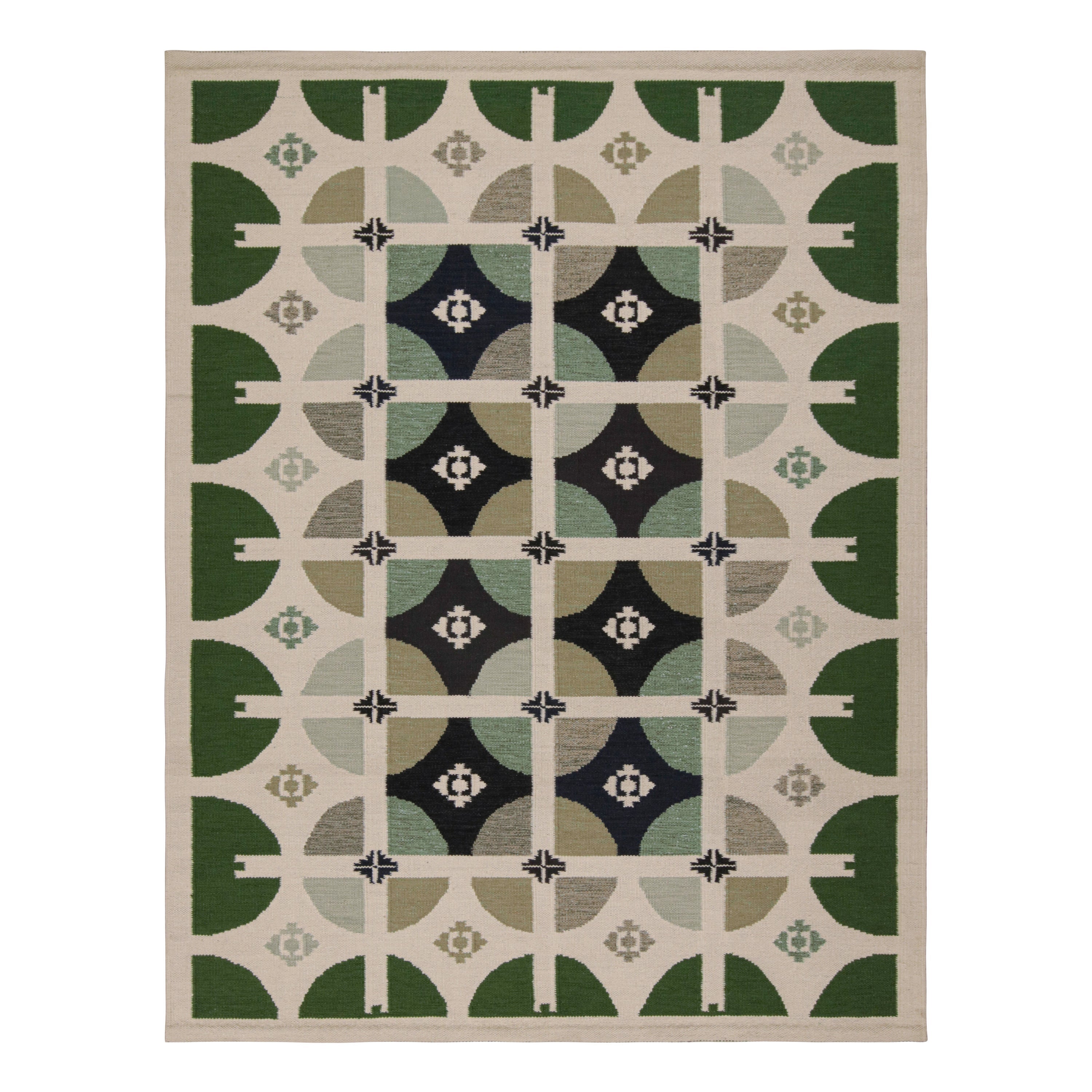 Rug & Kilim’s Scandinavian Style Kilim Rug in Green, White & Black Patterns For Sale