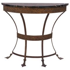 1920s Cast Brass Demilune Console Table with Marble Top