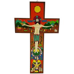 Modernist Folk Art Enamel Painted Crusifix, Spanish 8