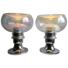 Pair of Italian Glass Space Age Lamps, Chrome and Iridescent