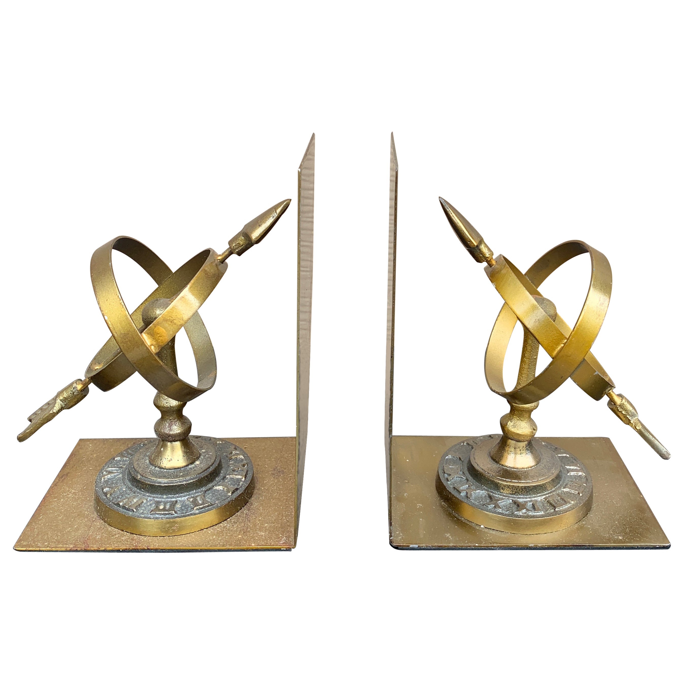 Vintage Cast Brass Celestial Armillary Sundial Bookends, Pair