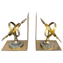 Vintage Cast Brass Celestial Armillary Sundial Bookends, Pair