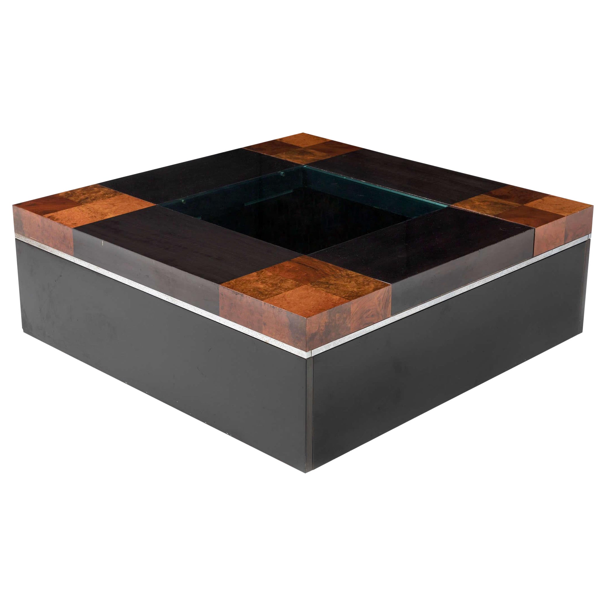 Willy Rizzo Coffee Bar Table in Checkered Burl Wood & Black Stained Veneer, 1970 For Sale