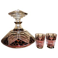 Vintage Art Deco Leopard Print and Zig Zag Czech Decanter Set