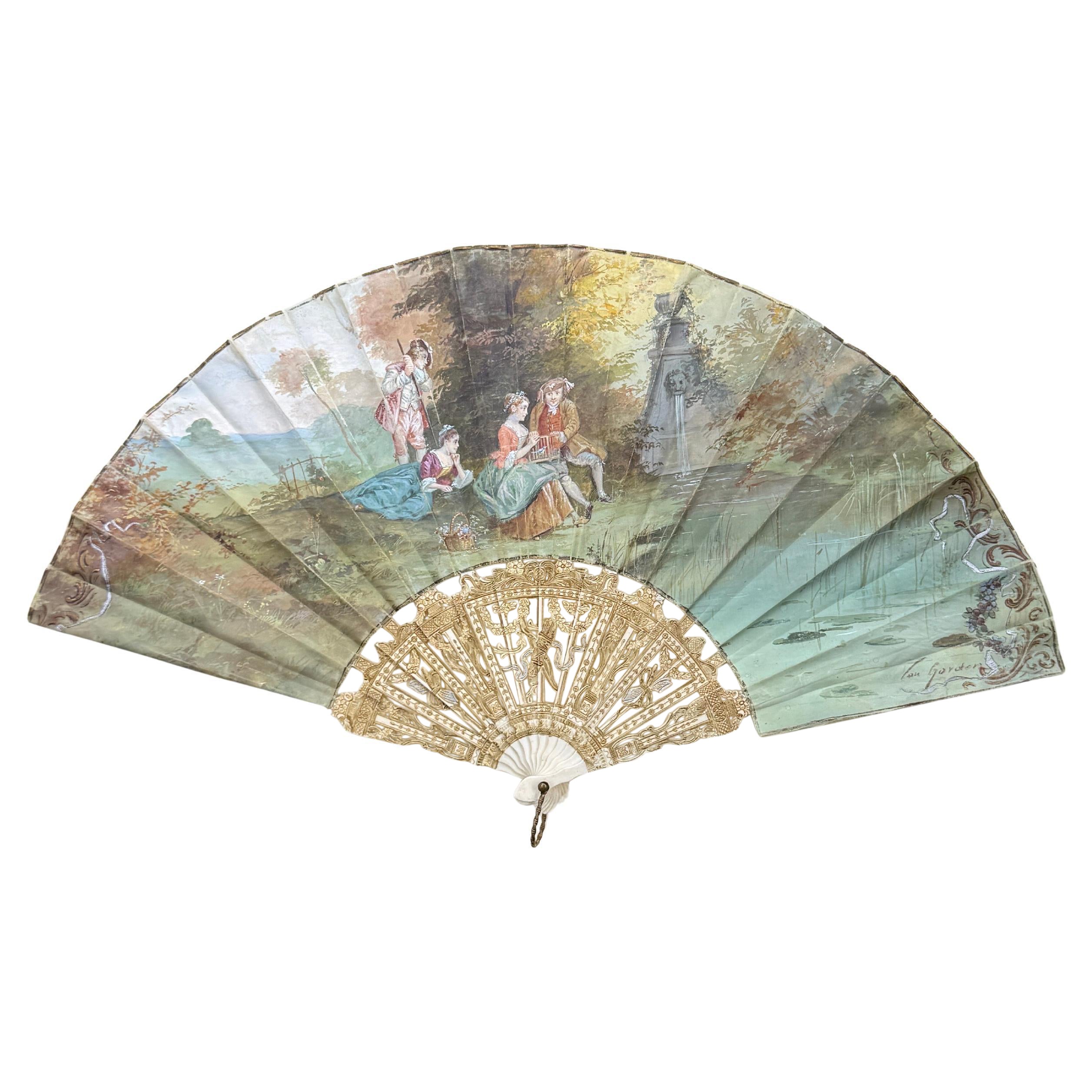 French Antique Hand Painted Folding Fan with Pastoral Scene For Sale