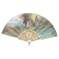 French Antique Hand Painted Folding Fan with Pastoral Scene