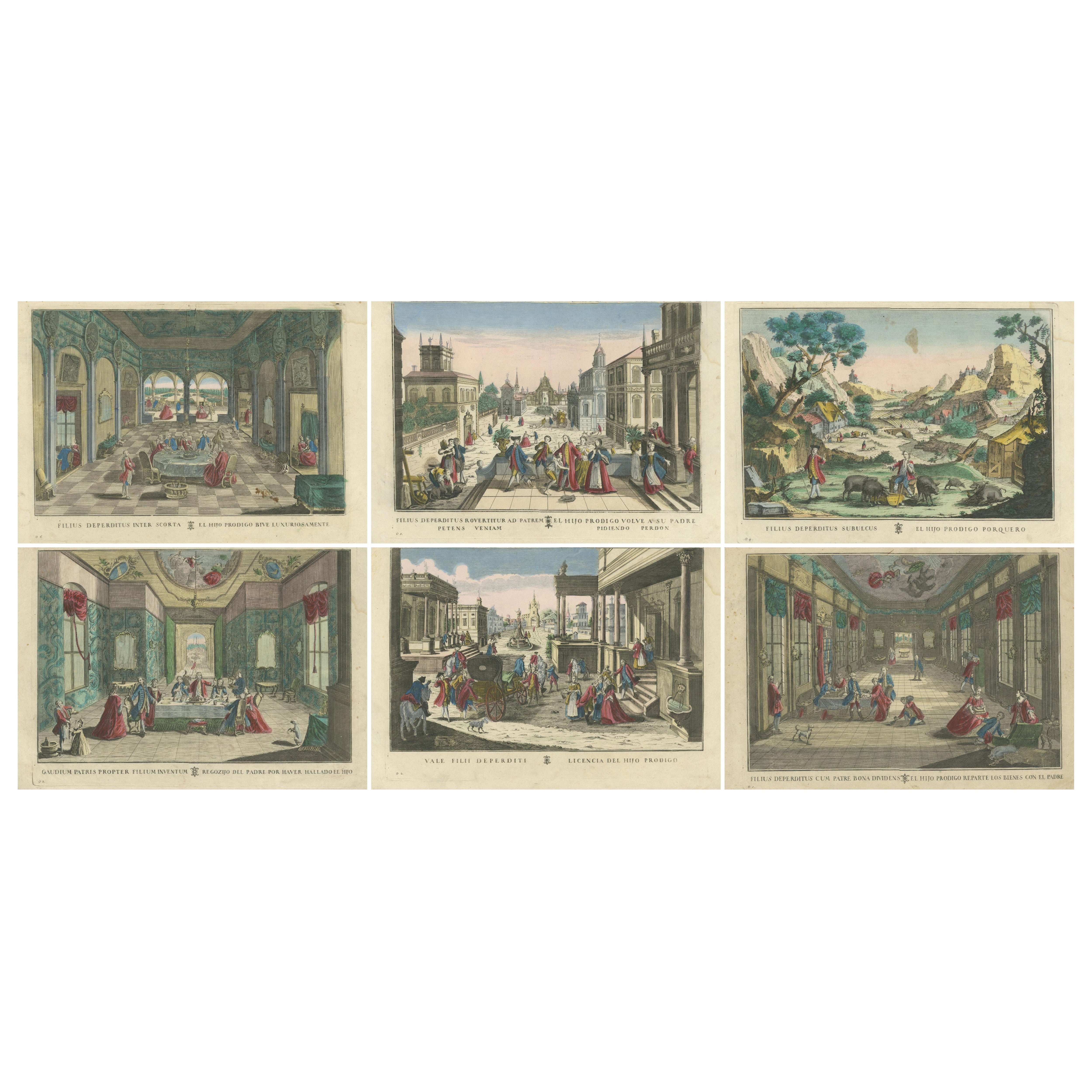 Satz von 6 optischen Drucken - Die Geschichte vom verlorenen Sohn von Probst, handkoloriert 1780