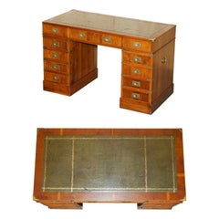 VINTAGE HARRODS GREEN LEATHER BURR YEW WOOD MiLITARY CAMPAIGN PEDESTAL DESK