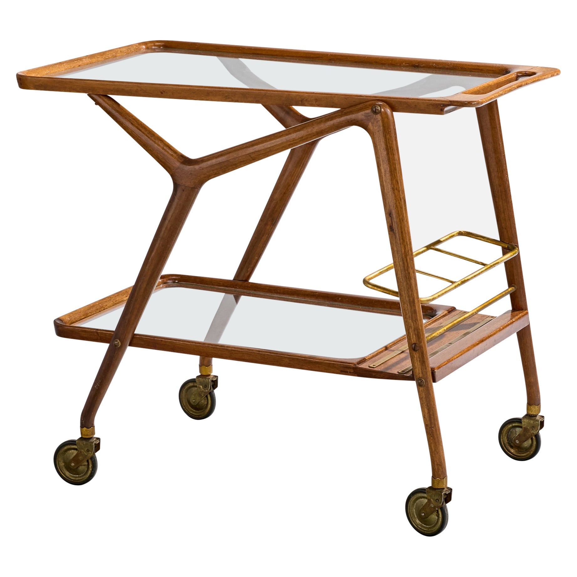 Diseñador italiano, Carrito de bar, Madera, Latón, Cristal, Italia, Años 50 en venta