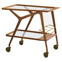 Diseñador italiano, Carrito de bar, Madera, Latón, Cristal, Italia, Años 50