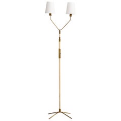 Lampada da terra di design italiano, ottone, metallo, tessuto, Italia, anni '1950