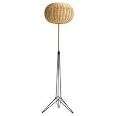 Italian Designer, Floor Lamp, Brass, Metal, Rattan, Italy, 1960s