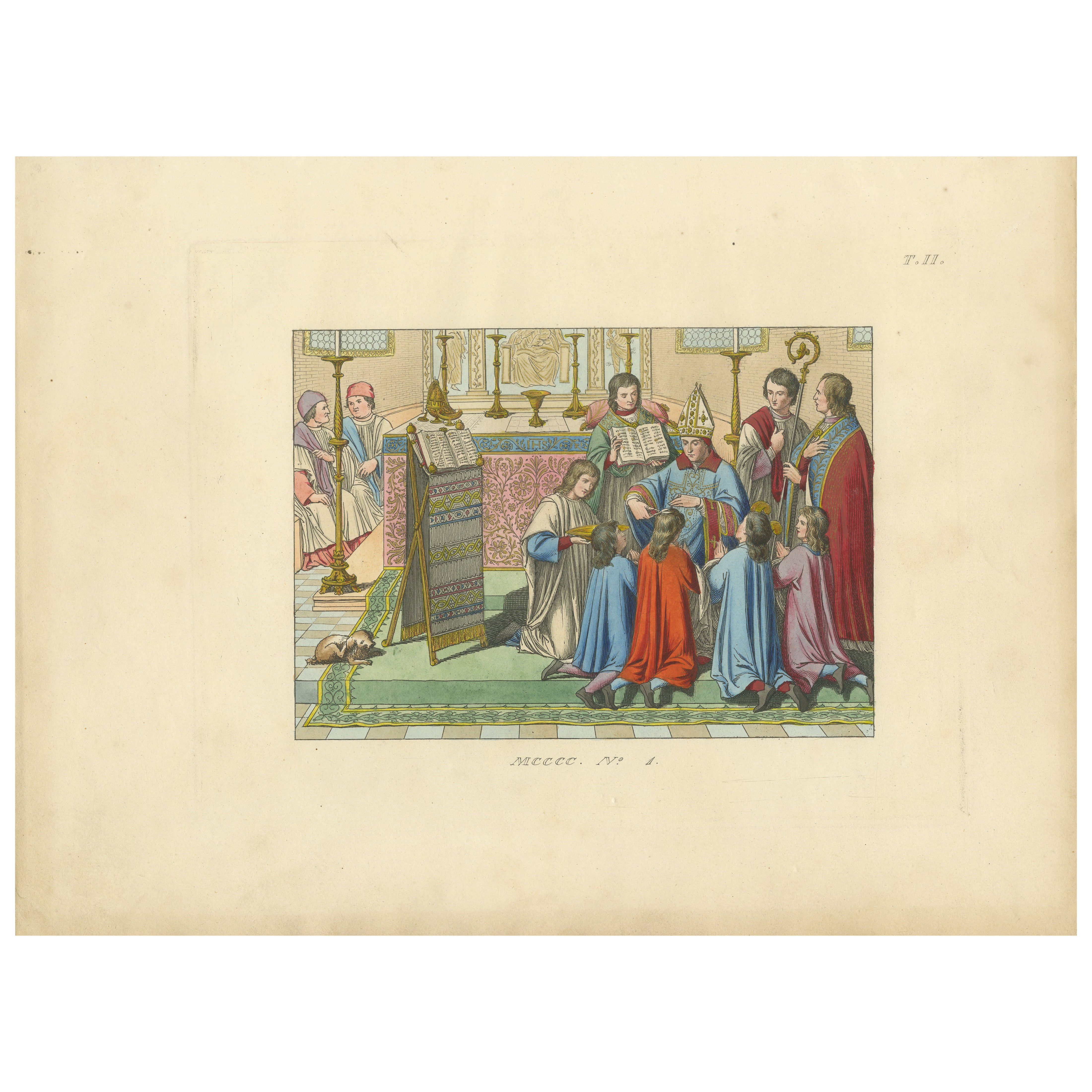 Antique Hand-Colored 1845 Engraving of Medieval Church Ceremony, France For Sale