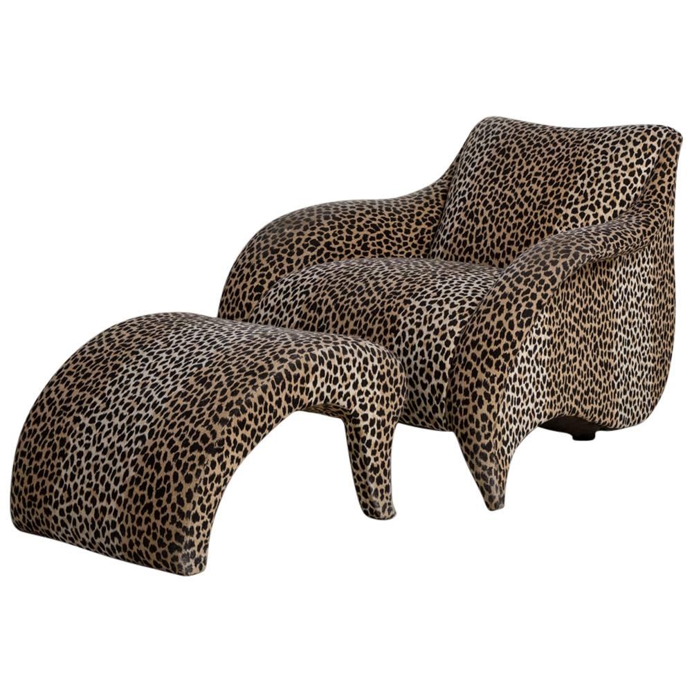 Leopard Print Chair and Stool by Vladimir Kagan For Sale