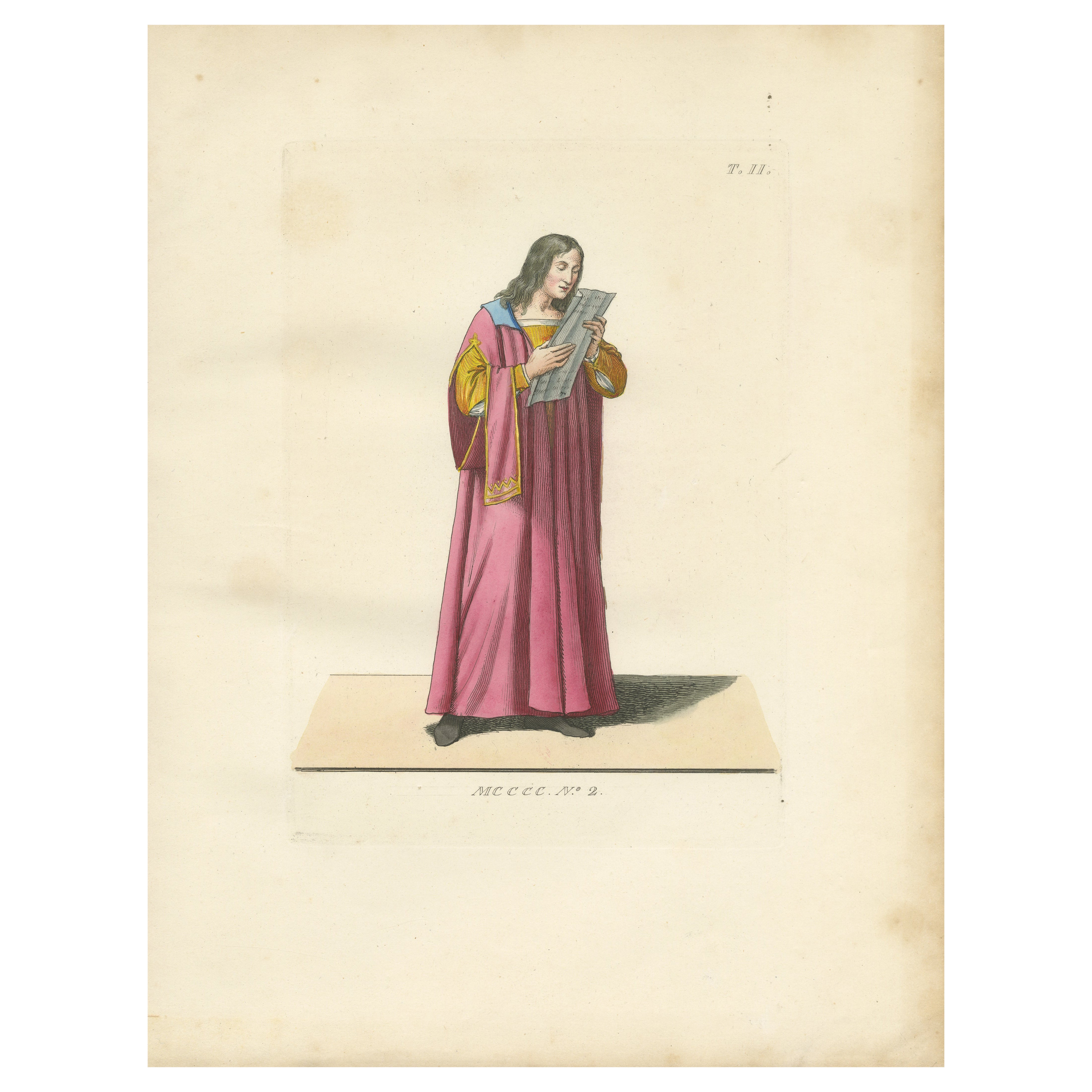 Antique 1845 Hand-Colored Engraving of Medieval Singer in Pink Robe, France