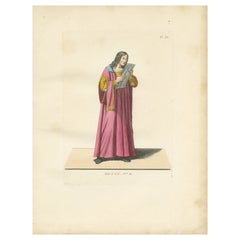 Antique 1845 Hand-Colored Engraving of Medieval Singer in Pink Robe, France